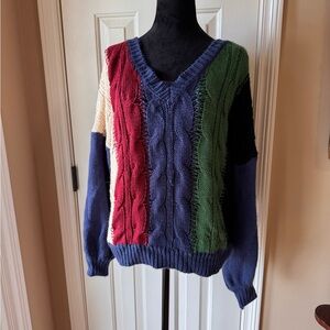 Skylar Rose Vintage Colorblock Cable Knit Sweater Crisscross Ribbon Tie Back